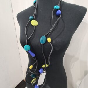 R283 Collana Ricciola sil nero resine zaffiro giallo ottanio lime